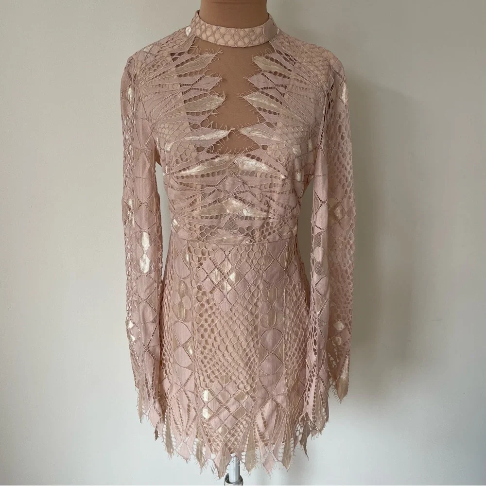 Free People Deco Lace Ivoy Combo Long Bell Sleeve Mesh Inserts Mini Dress NWT 4